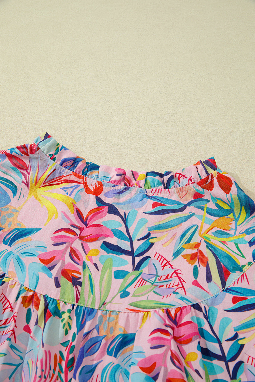 Tropical Floral Print Frilly Notched Neck Ruffled Short Sleeve Blouse