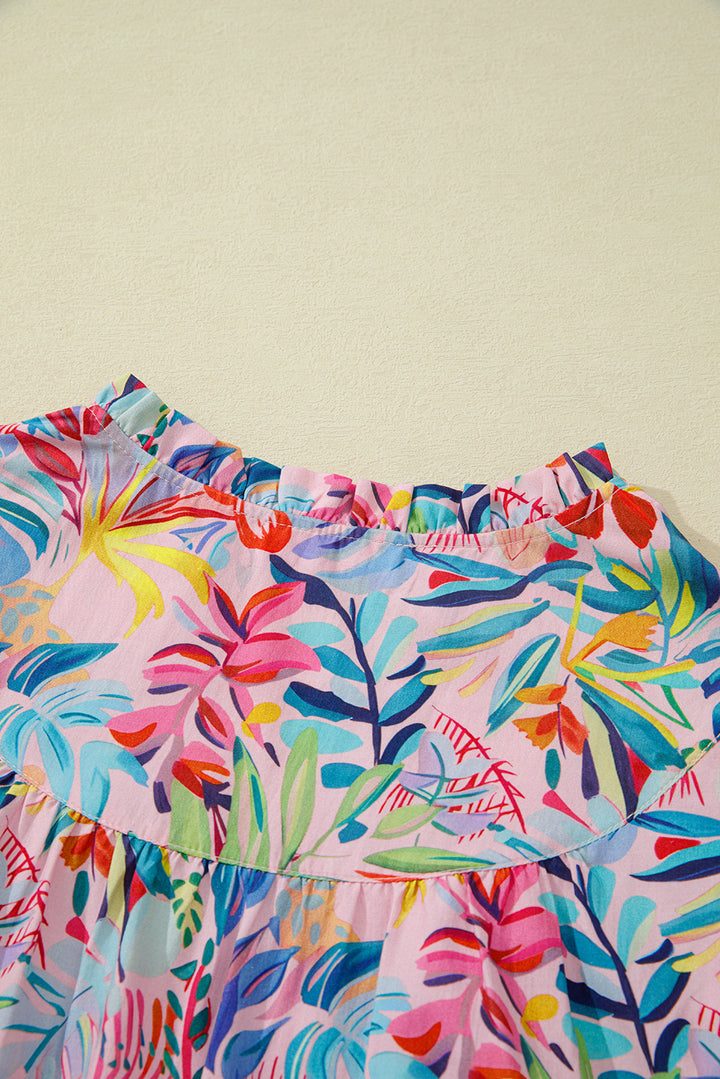 Tropical Floral Print Frilly Notched Neck Ruffled Short Sleeve Blouse