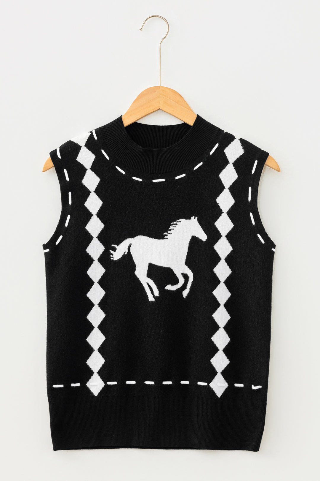 Black Western Horse Geometric Print Mock Neck Sweater Vest