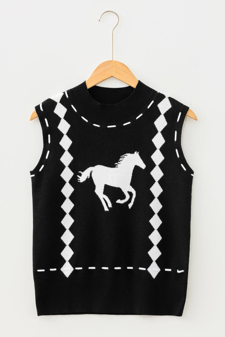 Black Western Horse Geometric Print Mock Neck Sweater Vest