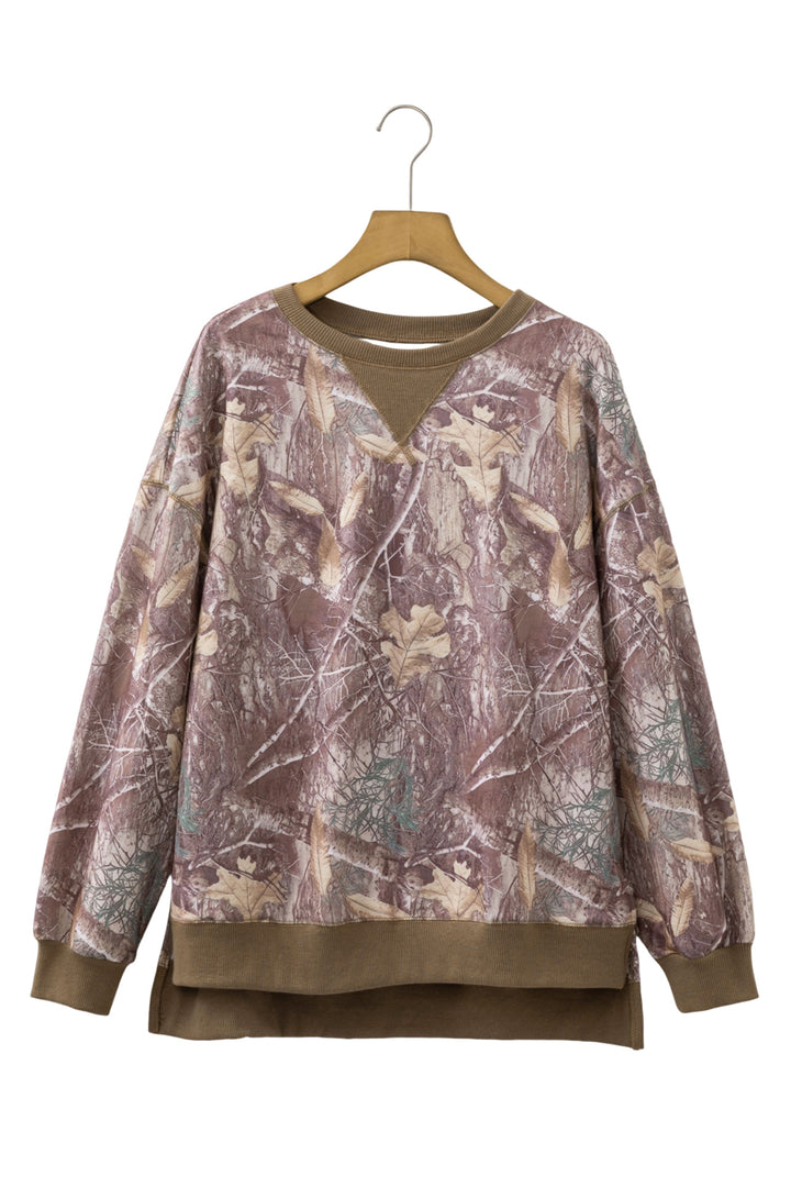 Brown Abstract Camo Print Color Block Detail Baggy Pullover Sweatshirt