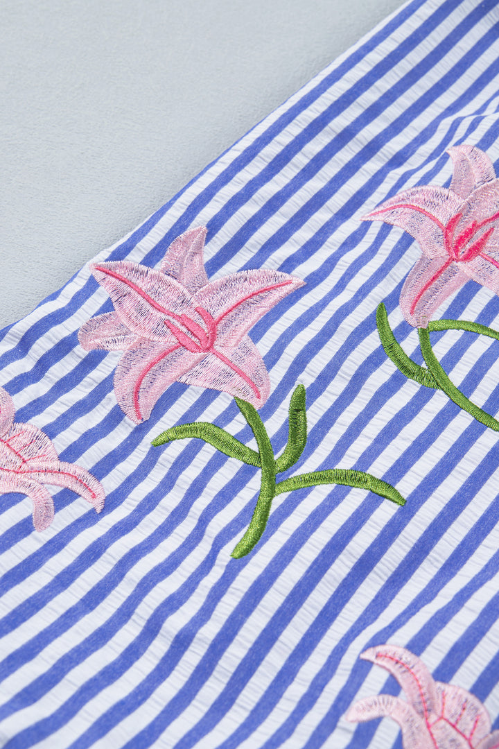 Sky Blue Stripe Lily Floral Embroidered Puff Sleeve Button Down Shirt