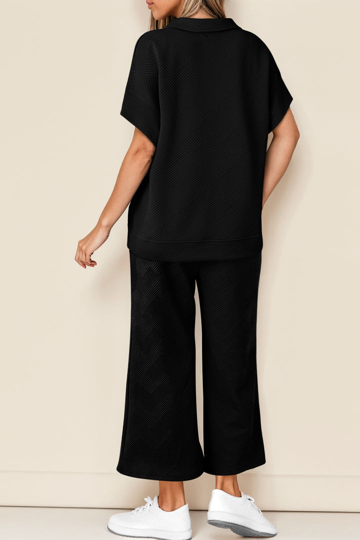 Black Stylish Textured Loose Fit T Shirt and Drawstring Pants Set