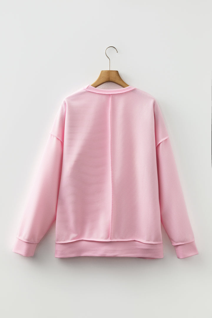 Pink Horizontal Ribbed Exposed Seam Detail Long Sleeve Top