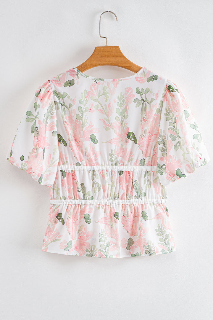 floral puff sleeve v neck tied front peplum blouse