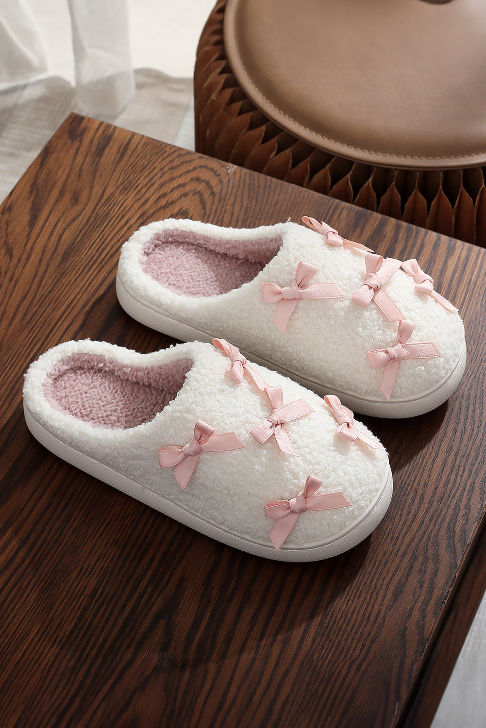 Ribbed Bow Decor Plush House Slipper