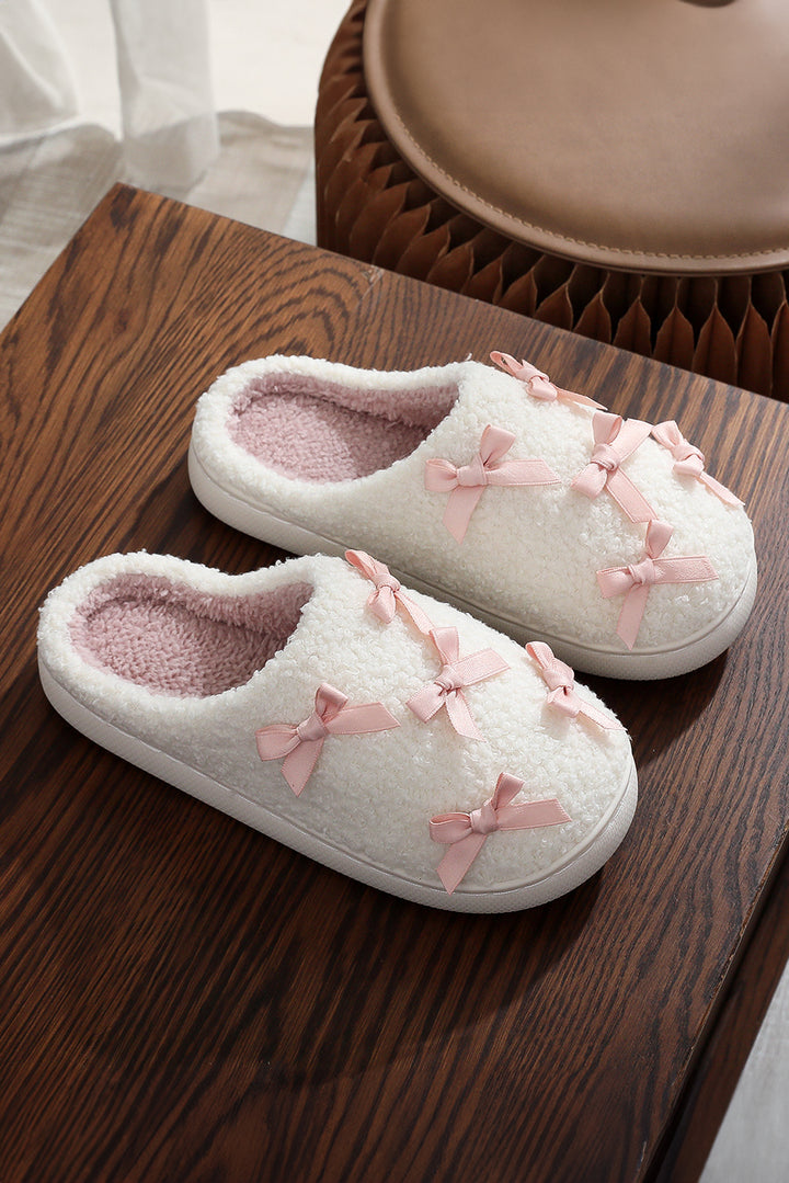 Ribbed Bow Decor Plush House Slipper