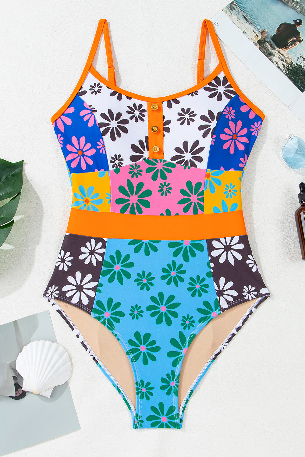 floral colorblock buttoned da cor front spaghetti straps teddy swimsuit