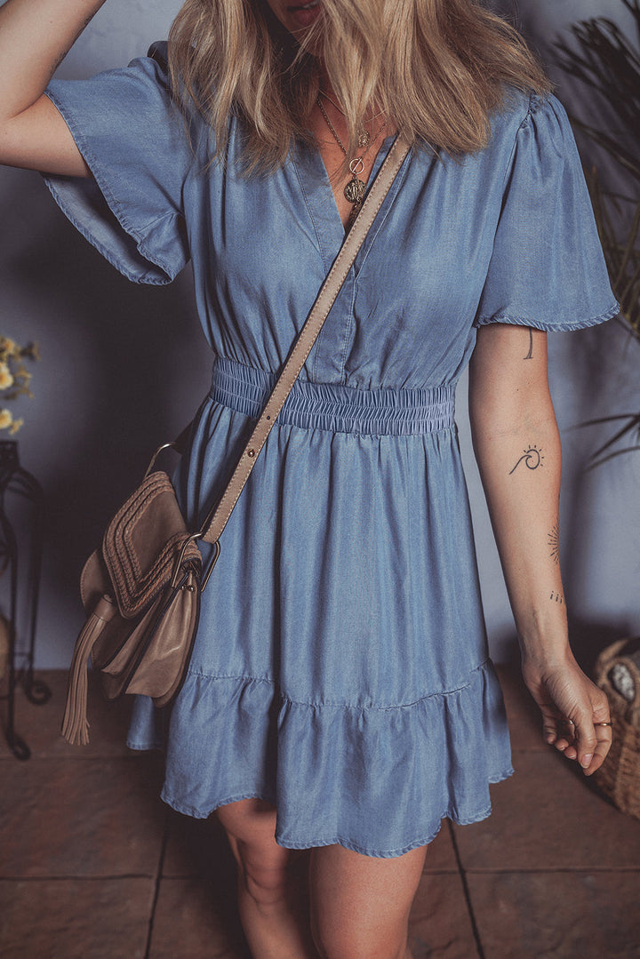 Ruffled V Neck Smocked High Waist Denim Mini Dress