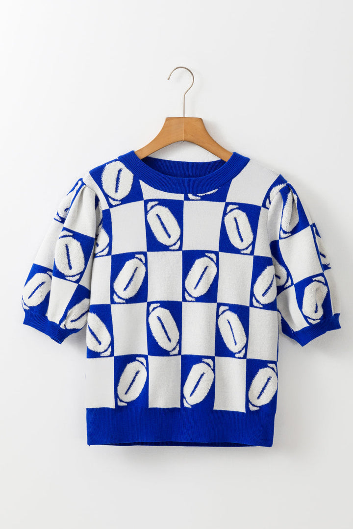 Rugby Plaid Color Block Puff Short Sleeve Sweater