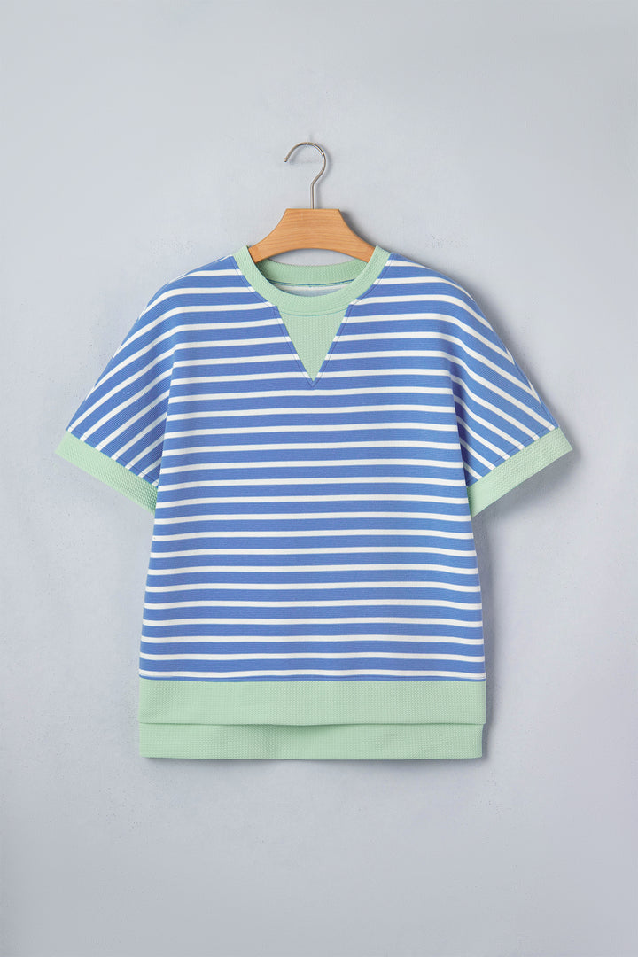 Casual Sky Blue Stripe Loose Short Sleeve Top