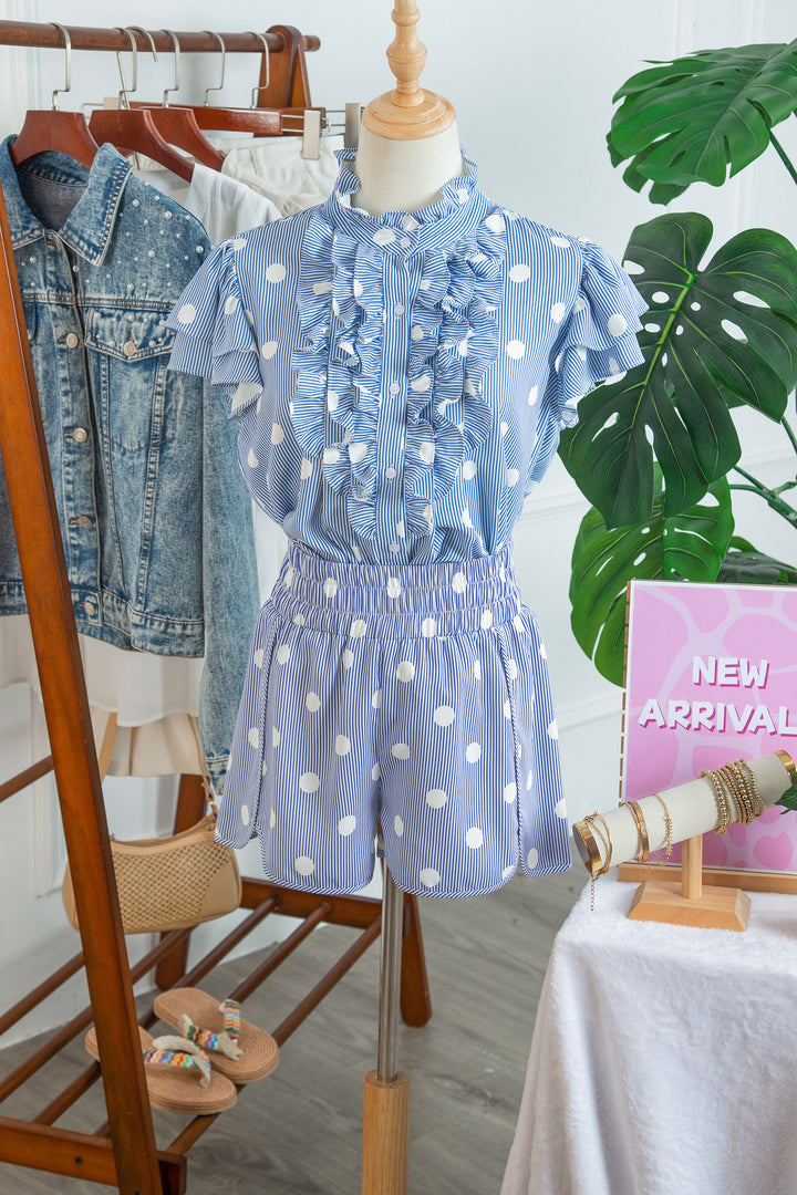 Sky Blue Polka Dot Print Shirred High Waist Casual Shorts