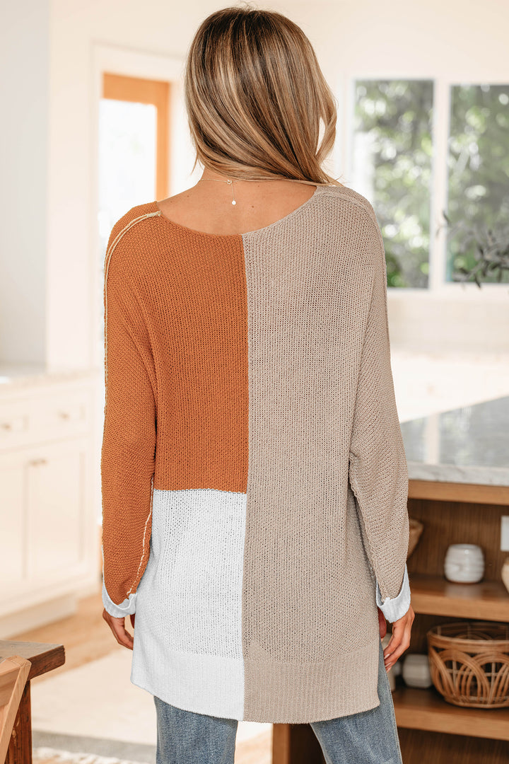 Color Block Knit V Neck Loose Sweater