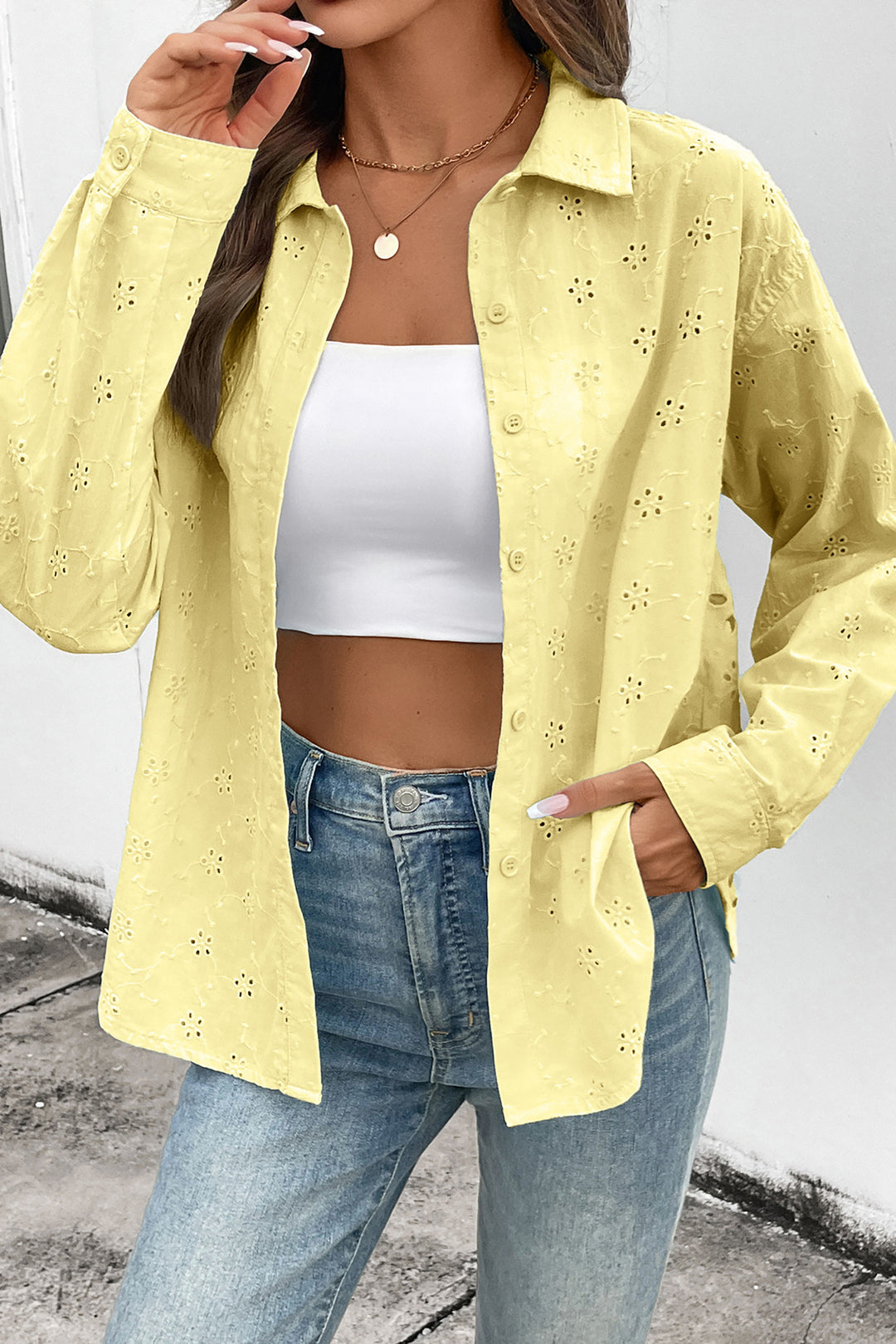 Yellow Cream Solid Eyelet Flower Pattern Button Down Loose Shirt