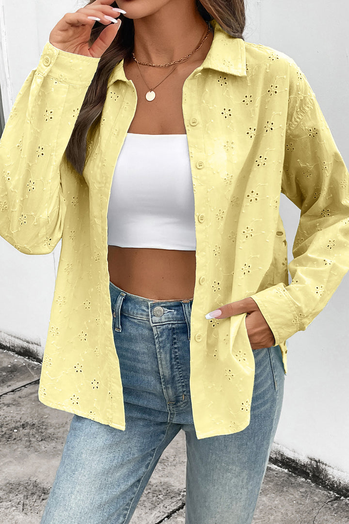 Yellow Cream Solid Eyelet Flower Pattern Button Down Loose Shirt