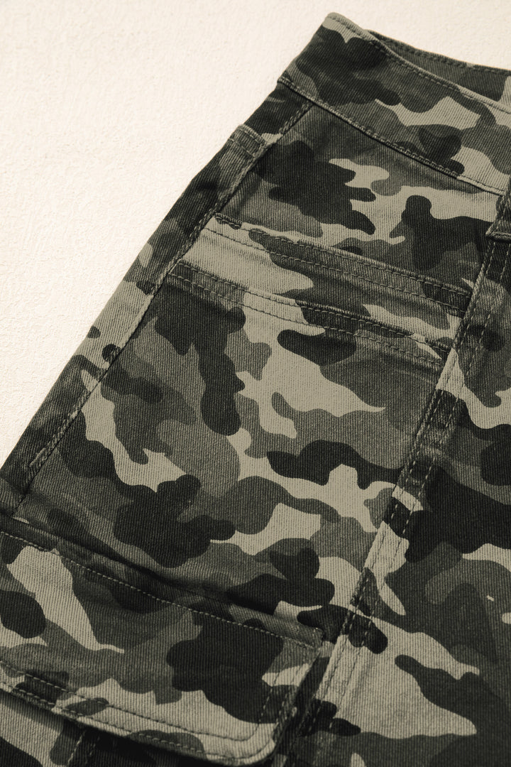 Green Camouflage Print Multi Pocketed Womens Denim Pants