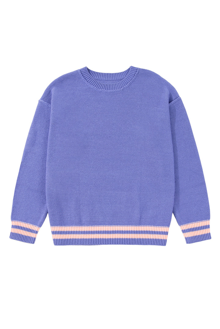Wisteria Plus Size Striped Trim Drop Shoulder Knit Loose Sweater