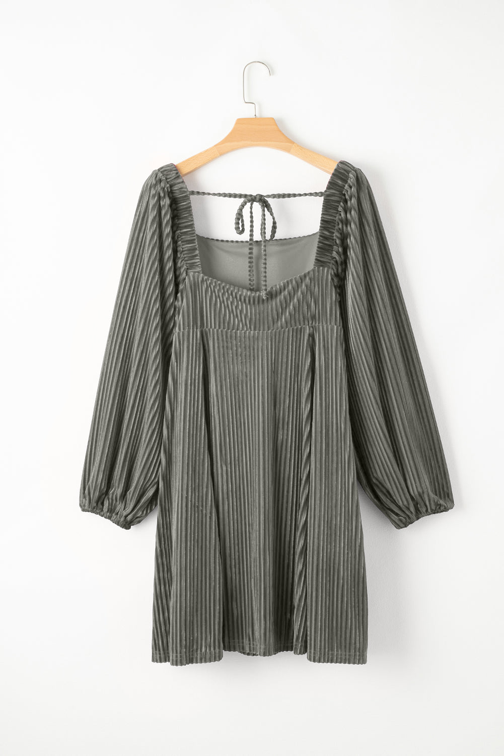 Gray Tie Back Square Neck Velvet Babydoll Dress