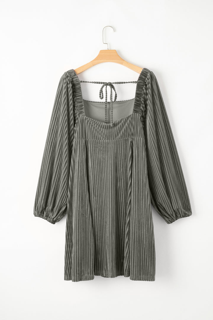 Gray Tie Back Square Neck Velvet Babydoll Dress
