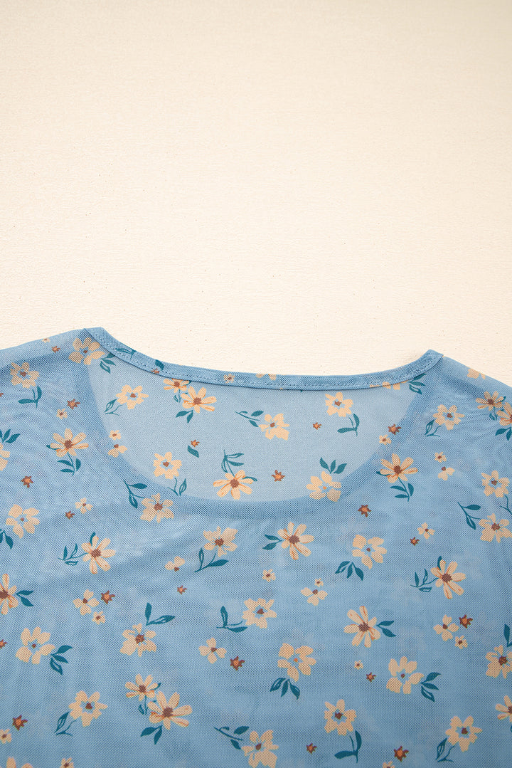 Sky Blue Vintage Floral Print Southern Style Mesh Long Sleeve Top