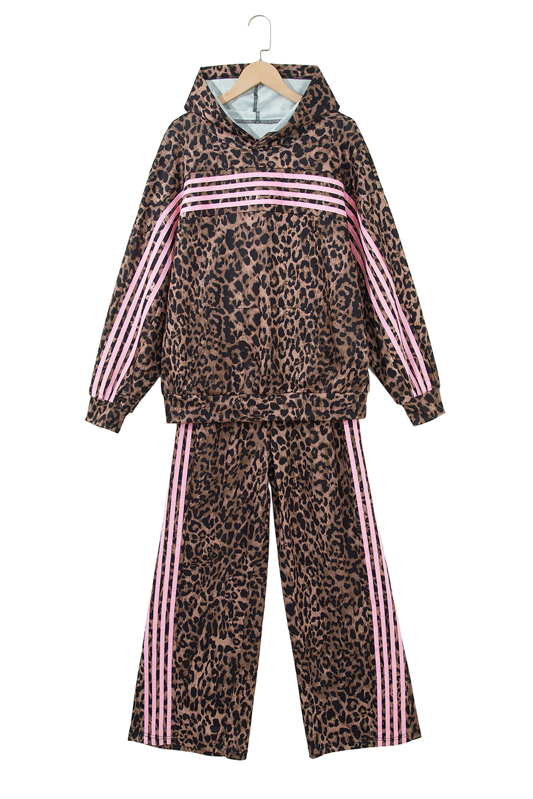 Brown Leopard Print Contrast Striped Detail Long Sleeve Top Pant Set