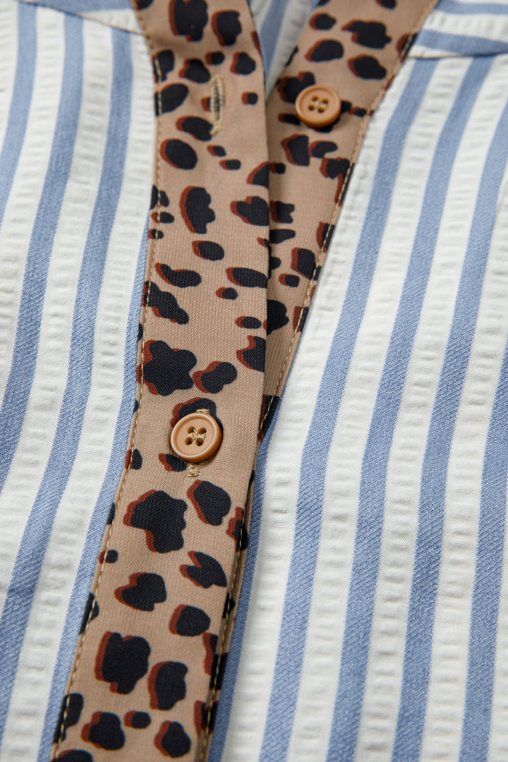 Leopard Trim V Neck Button Down Half Sleeve Shirt