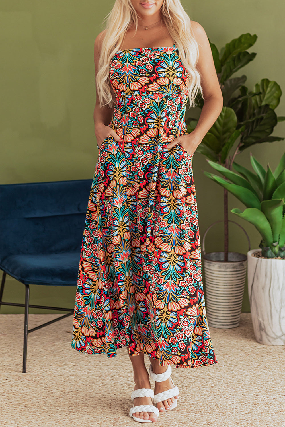 Boho Floral Print Thin Straps Sleeveless High Waist Maxi Dress