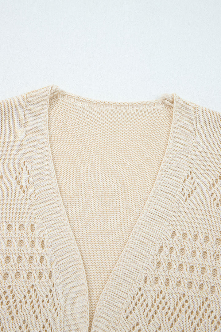 Smoke Gray Hollowed Knit Open Front Cardigan Sweater