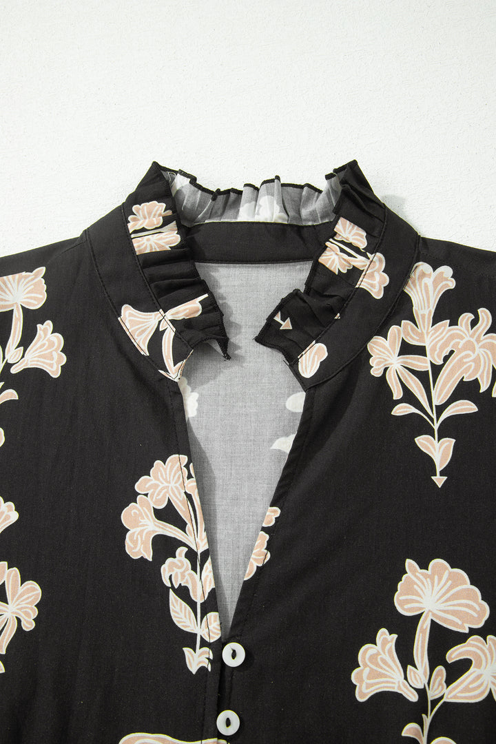 Black Frilled V Neck Puff Short Sleeve Floral Mini Dress