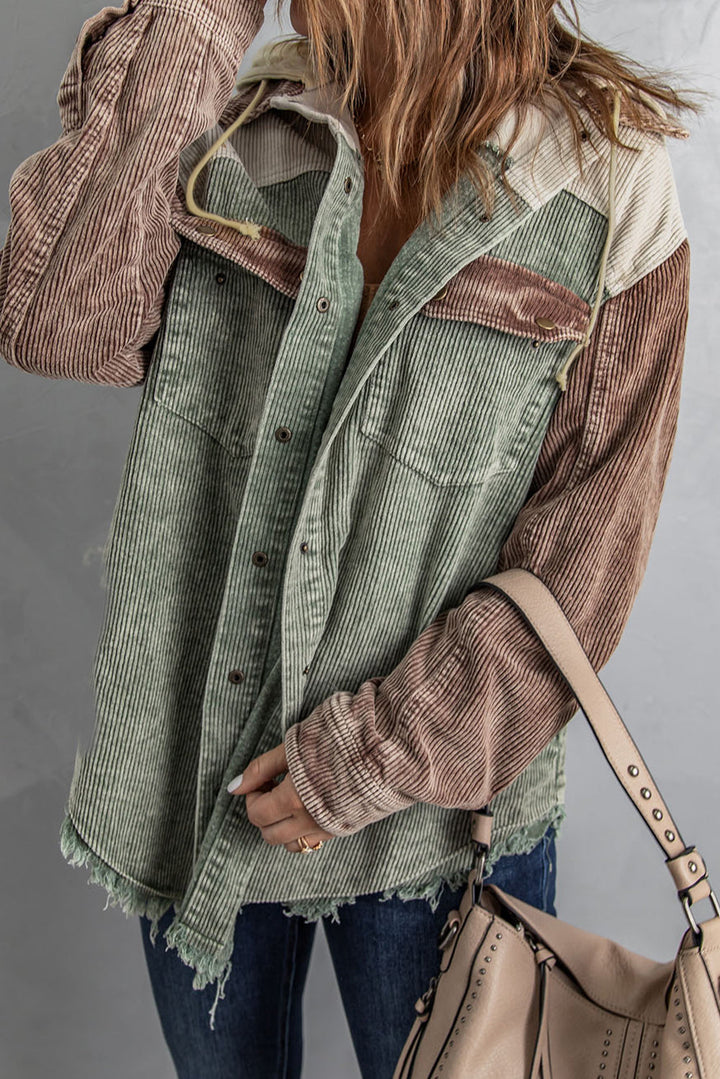 Color Block Button Down Hooded Corduroy Jacket