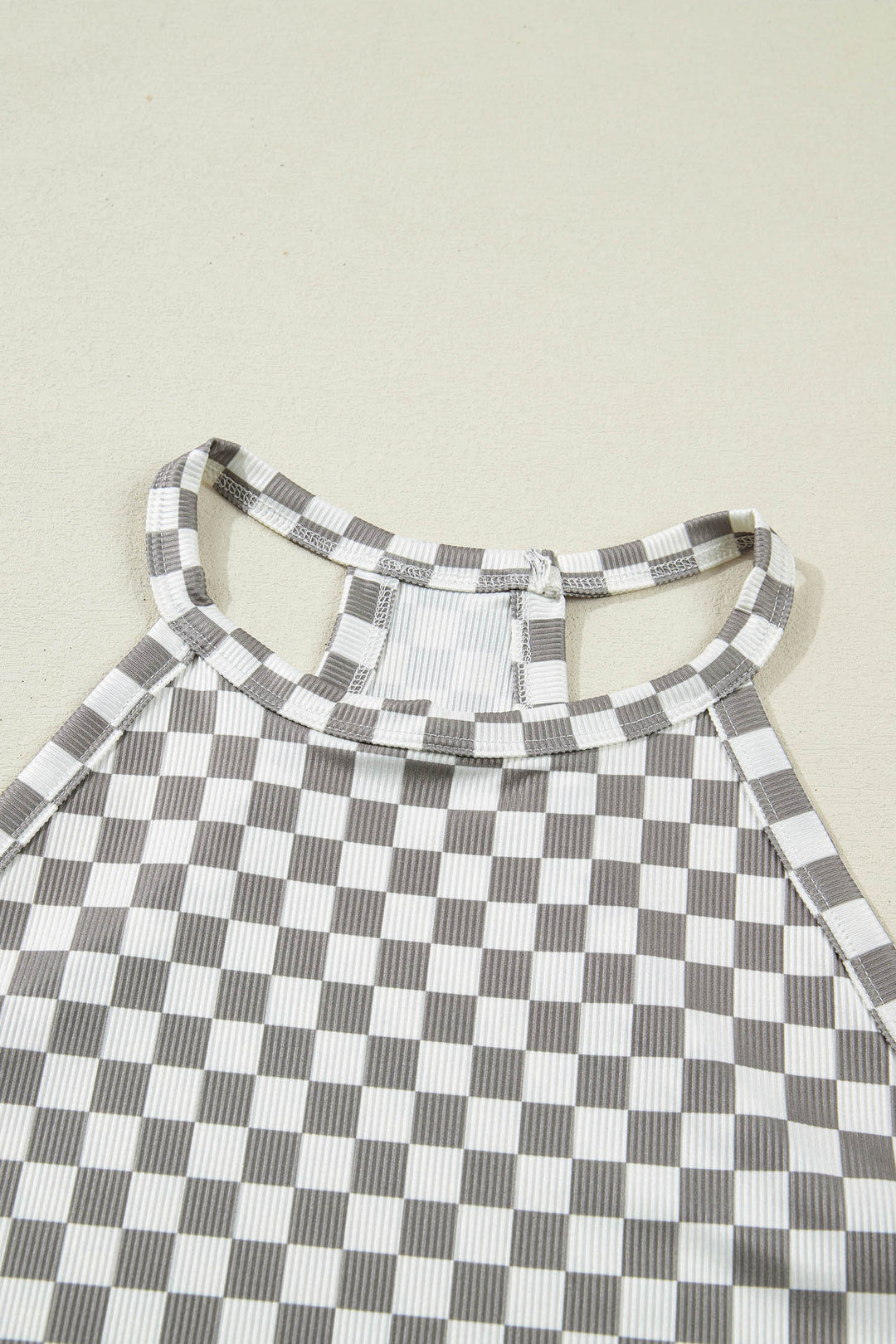 Gray Checkered Print Textured Halter Tank Top