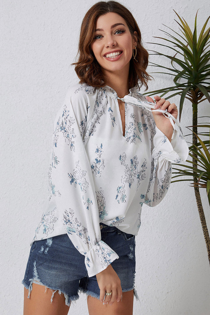 White Floral Tie Neck Long Sleeve Crinkle Blouse