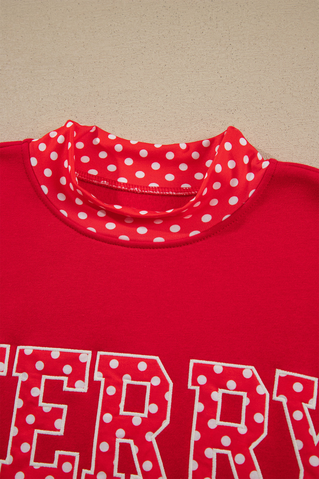 Tomato Red Polka Dot Letter Print Contrast Trim Mock Neck Sweatshirt