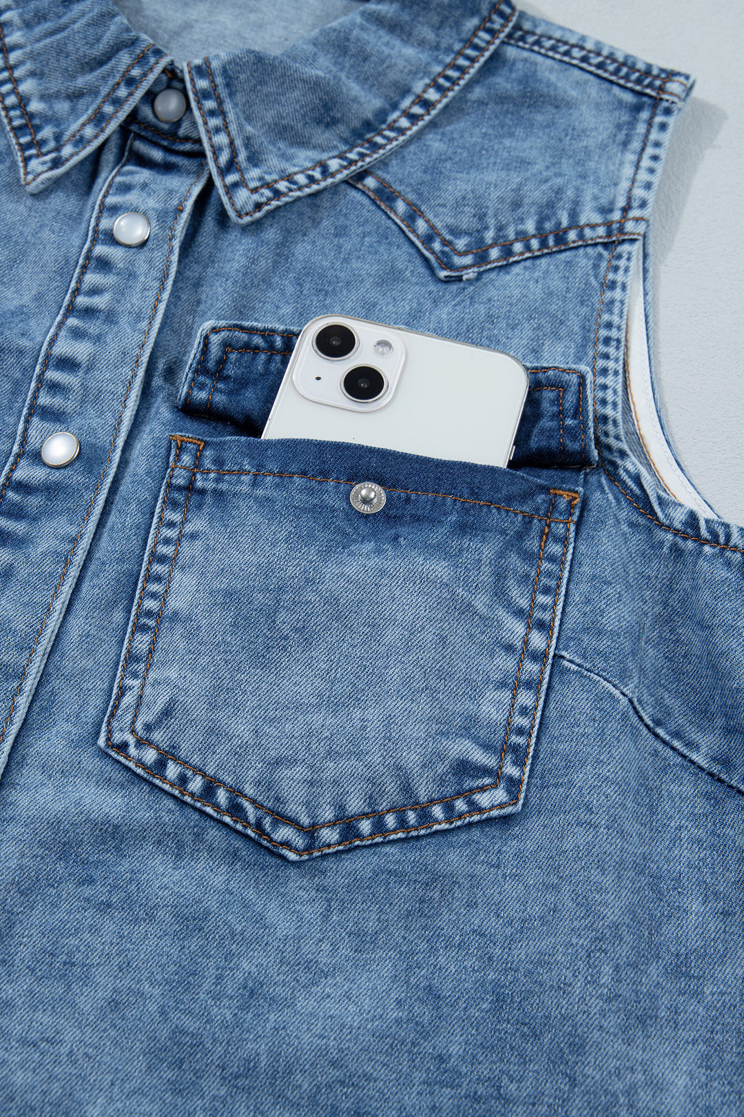 Dusk Blue Buttoned Front Collared Sleeveless Denim Vest