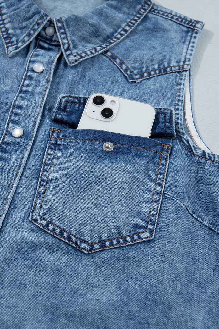 Dusk Blue Buttoned Front Collared Sleeveless Denim Vest