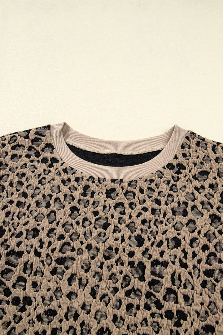 Khaki Leopard Textured Ribbed Trim Plus Size Long Sleeve Top
