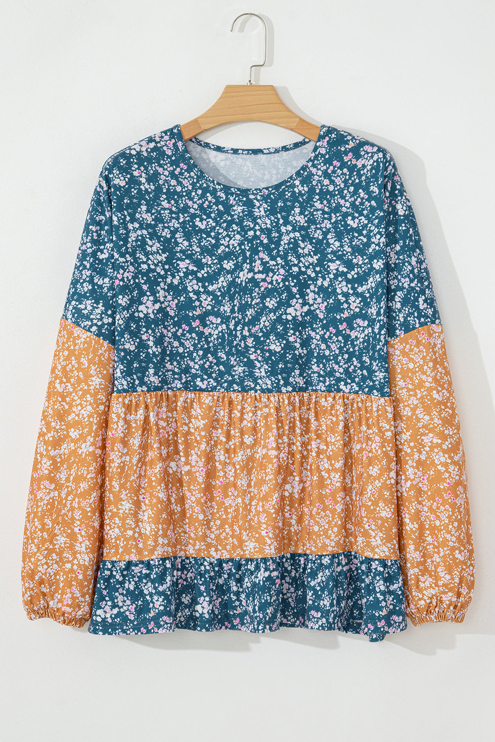 Floral Color Block Patchwork Ruffled Hem Round Neck Blouse