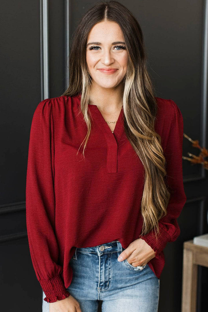 Notched Neck Shirred Cuff Long Sleeve Blouse