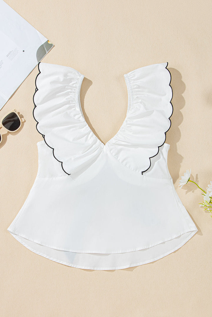 contrast bow ruffle trim v neck blouse