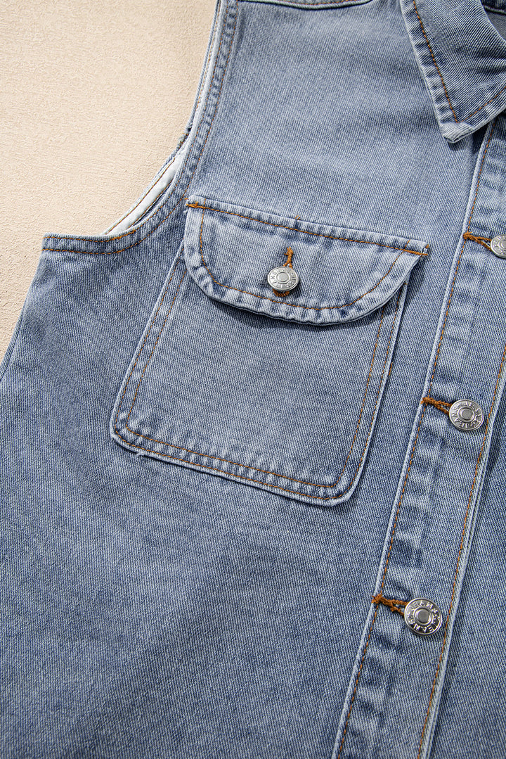 denim flap pocket curved hem shirt vest