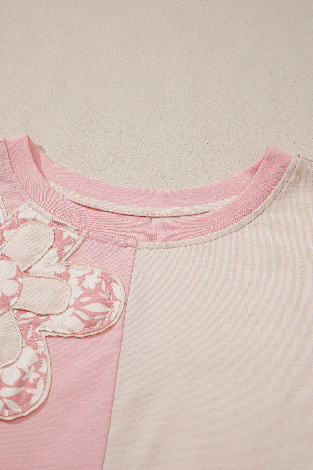 Apricot Color Block Flower Patched Loose T Shirt