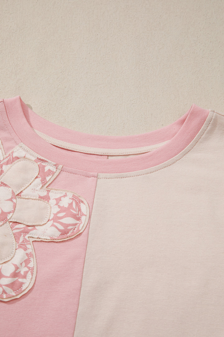 Apricot Color Block Flower Patched Loose T Shirt