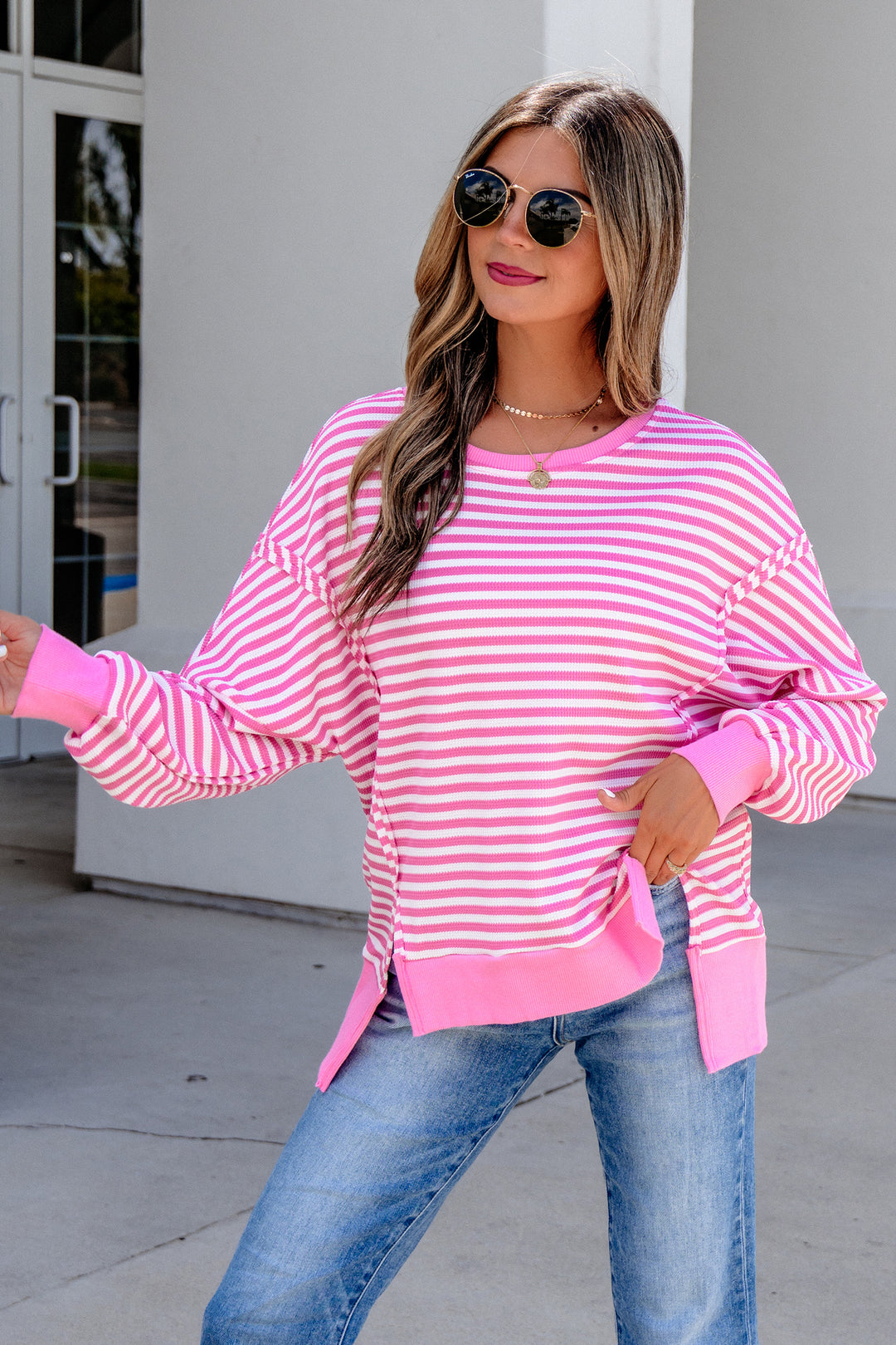 Pink Stripe Textured Knit Trim Split Hem Long Sleeve Top