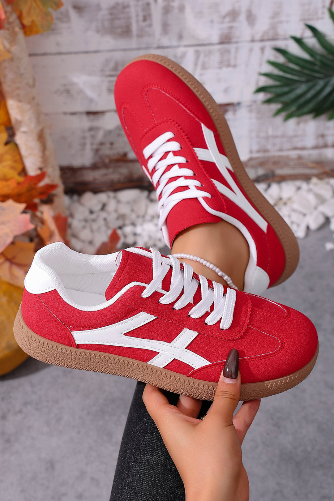 Faux Suede Contrast Patchwork Detail Lace Up Flat Sneakers