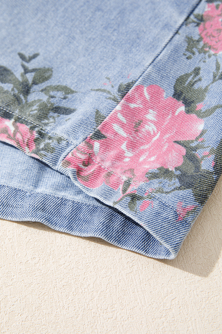 Sky Blue Denim Floral Print Cuffed Short Sleeve Shift Dress