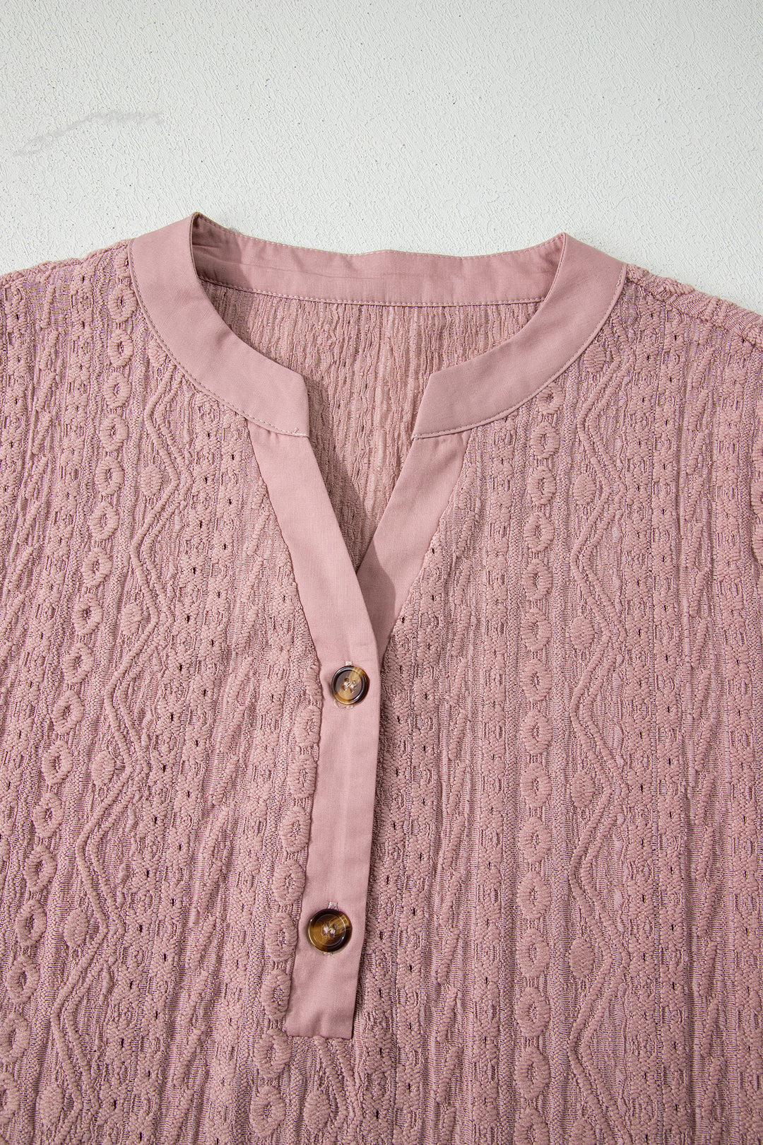 Textured Embroidered Half Buttons Short Sleeve Blouse