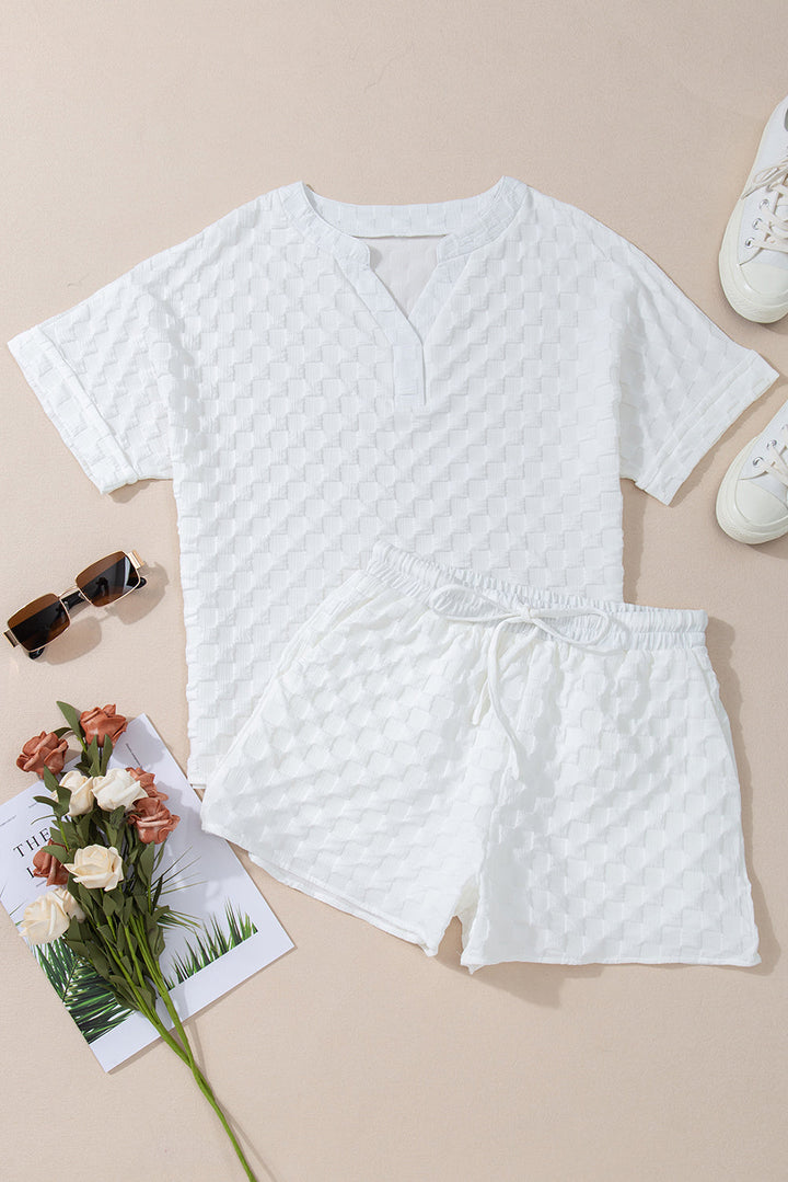 Textured Split Neck Top and Drawstring Shorts Set