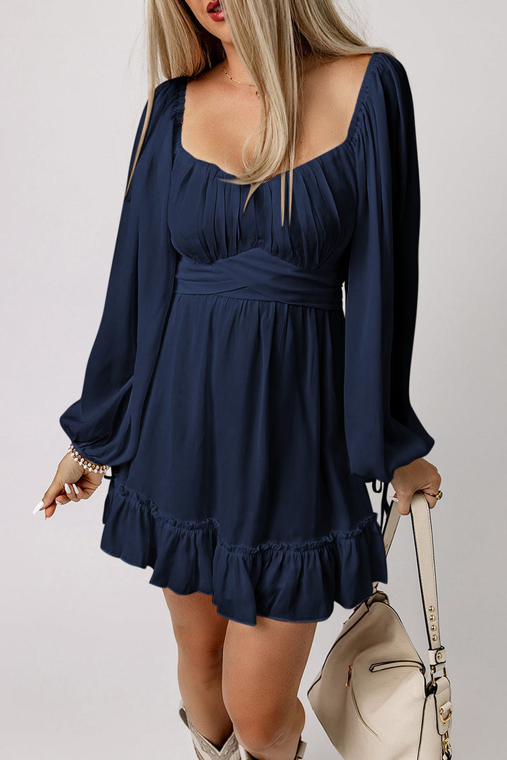 white plain ruffled high waist square neck mini dress