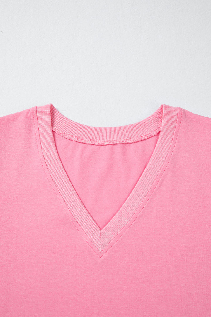 Solid Color V Neck Short Puff Sleeve Blouse