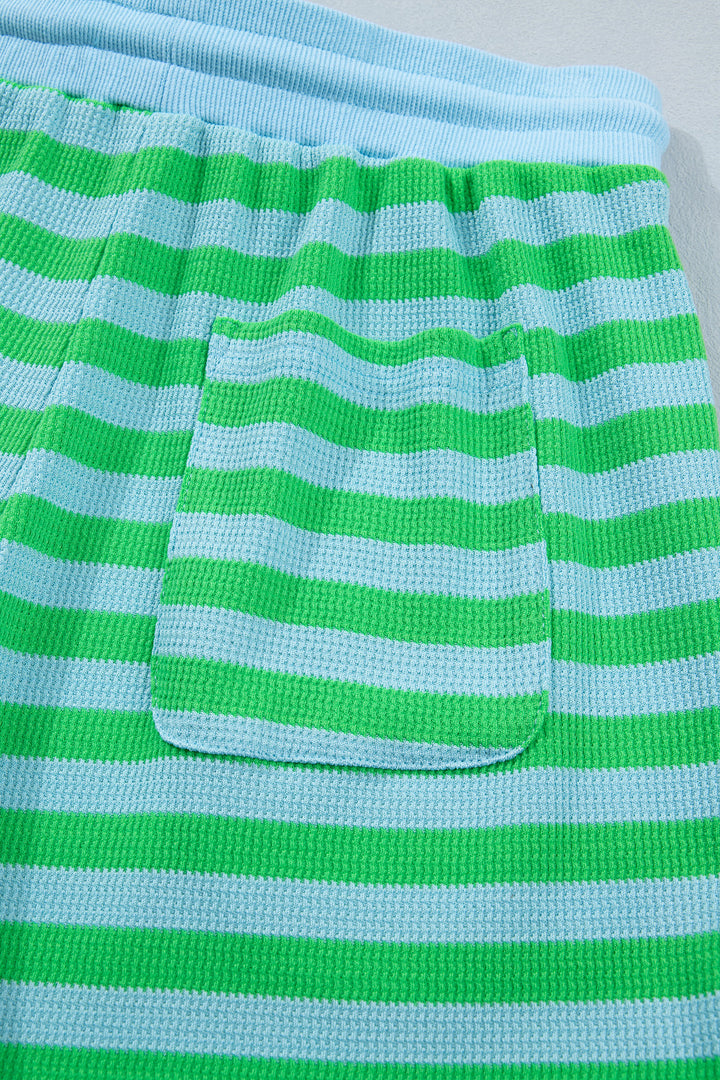 Green Stripe Puff Short Sleeve T Shirt Matching Shorts Set
